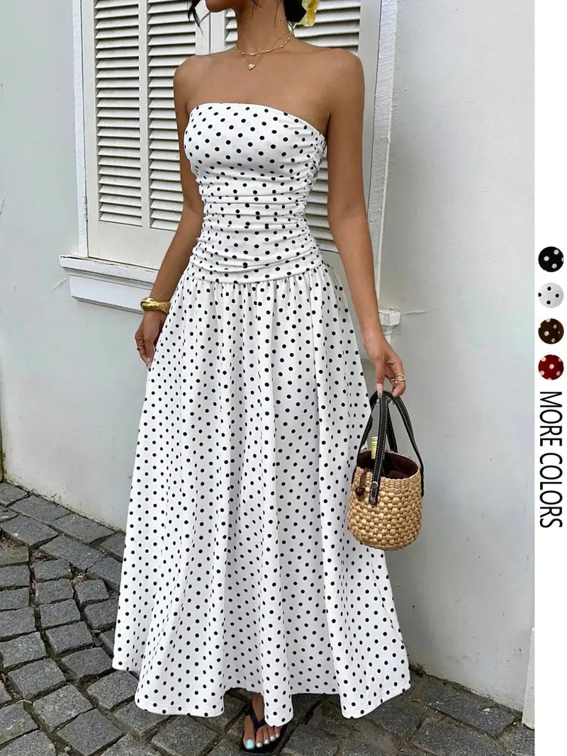 Women's Elegant Fashion Polka Dot Strapless Dress, Stylish Sleeveless Maxi Dress for Parties and Casual Wear Womenswear, Elegant Evening Dress