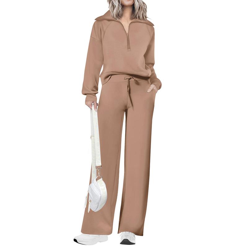 Women's Casual 2-Piece Sweatsuit Set - Half Zip Pullover Sweatshirt & Wide Leg Pants with Drawstring - Matching Tops & Sweatpants for Comfort