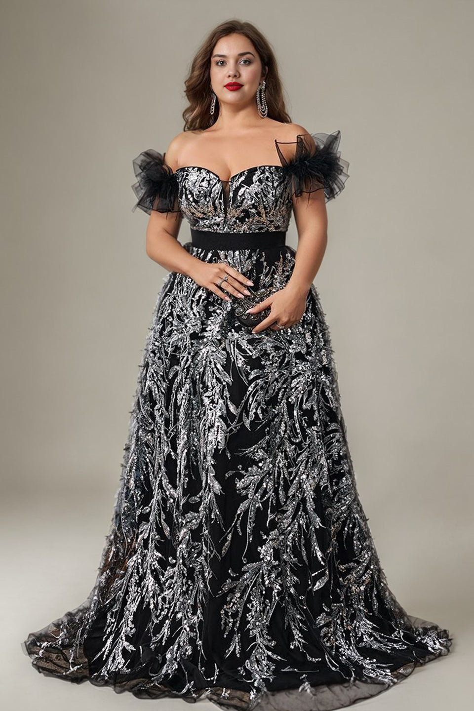 Curveins Plus Size Off Shoulder Sequin Pattern Cinched Waist Maxi Dress