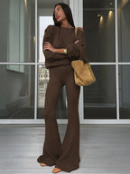 Women's Solid Asymmetrical Neck Top & Flare Leg Pants Set, Casual Drop Shoulder Long Sleeve Top & Trousers, Women's Fall & Winter Clothes for Daily Wear