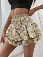 Women's Floral Print Woven Fabric Frill Trim Shirred Tiered Layer Shorts, Casual Lightweight Loose High Waist Tie Front Drawstring Wide Leg Shorts for Spring & Fall, Women's Bottoms for Daily Wear, 1 Piece Womenswear