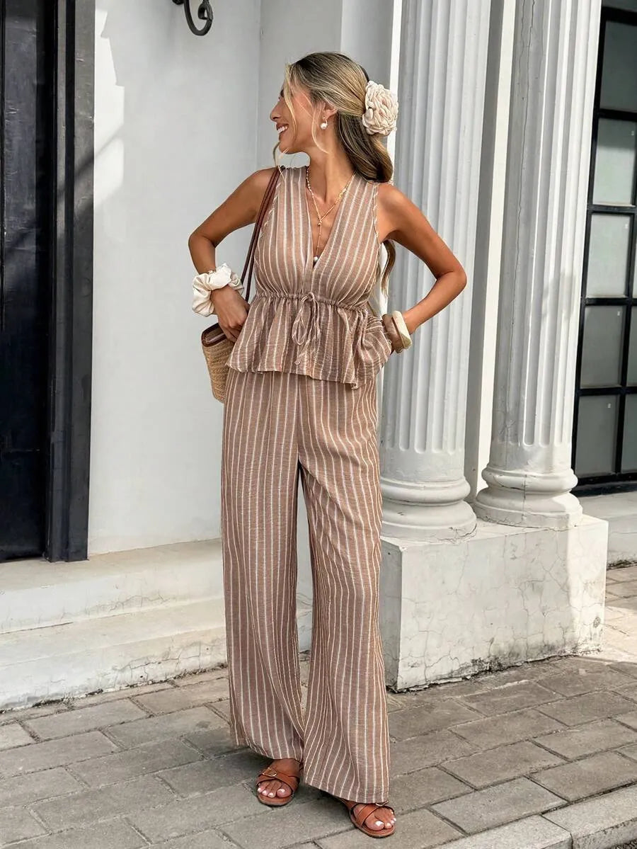 Women's Striped Two-Piece Set: Sleeveless Tie-Waist Top and Relaxed Long Pants — Vintage Bohemian Style, Commuter Outfit