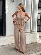 Women's Striped Two-Piece Set: Sleeveless Tie-Waist Top and Relaxed Long Pants — Vintage Bohemian Style, Commuter Outfit