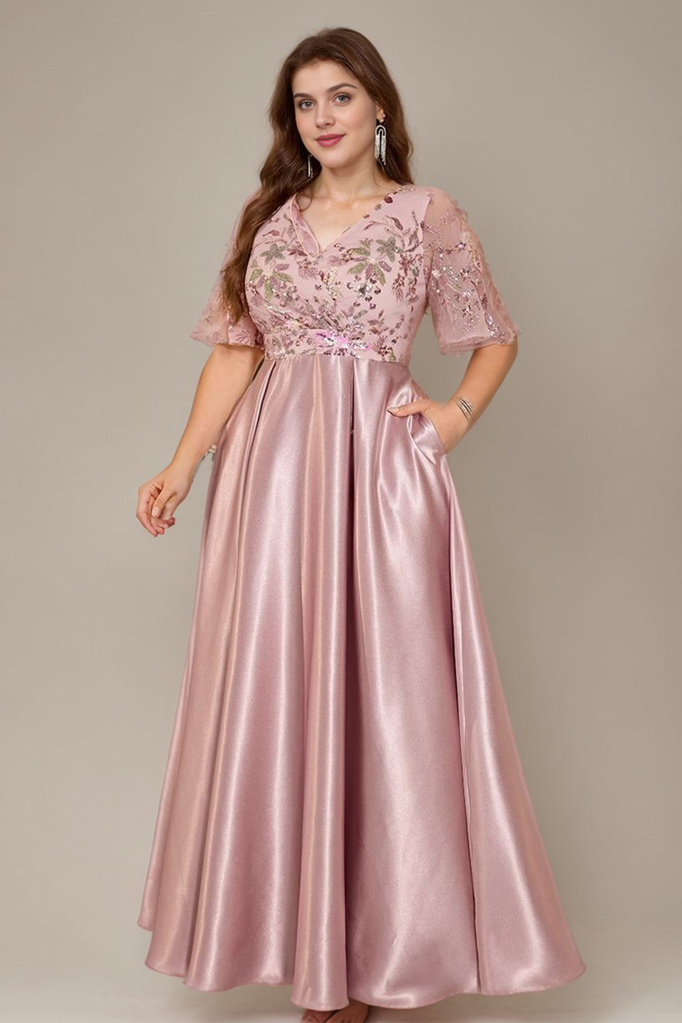 Curveins Plus Size V Neck Sequin Floral Patchwork Elegant Flowy Maxi Dress