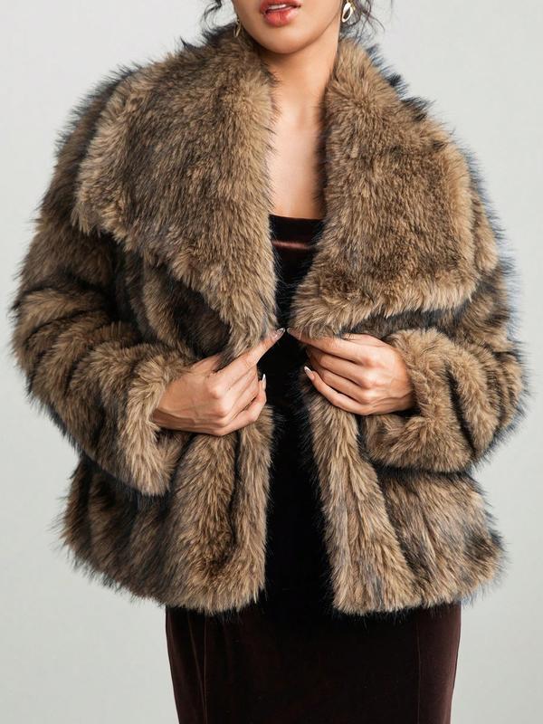 Women's Solid Color Faux Fur Fuzzy Jacket, Casual Long Sleeve Collared Fuzzy Coat for Fall & Winter, Women's Clothing for Daily Wear, Cute Tops
