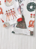 Women's Christmas Pajama Set, Lapel Button Long Sleeve Top & Loose Comfortable Pants, Casual All-Over Print Sleepwear
