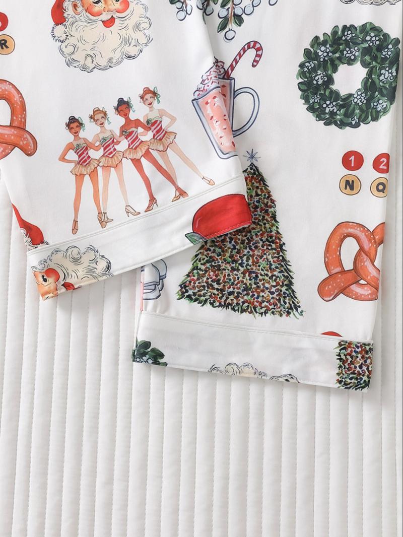 Women's Christmas Pajama Set, Lapel Button Long Sleeve Top & Loose Comfortable Pants, Casual All-Over Print Sleepwear