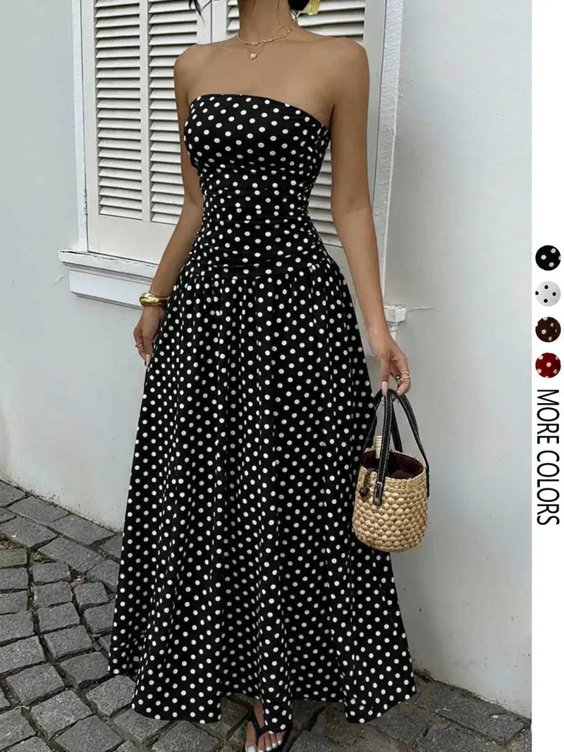 Women's Elegant Fashion Polka Dot Strapless Dress, Stylish Sleeveless Maxi Dress for Parties and Casual Wear Womenswear, Elegant Evening Dress
