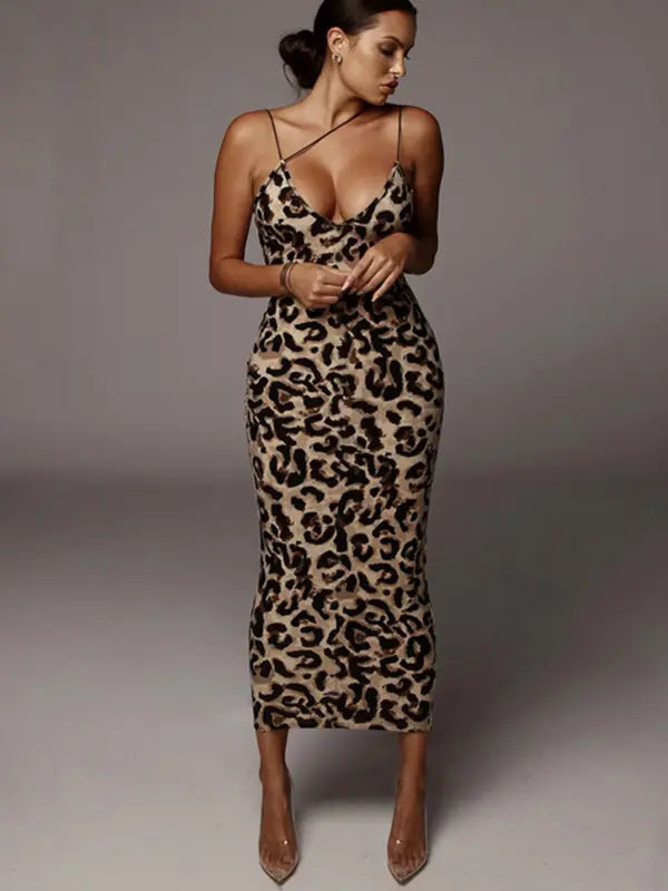 Women's All Over Leopard Print Asymmetrical Cami Dress, Elegant Sleeveless Spaghetti Strap Bodycon Dress for Party Club Night Out, Fashion Sundress, Ladies Summer Clothes, Midi Dress