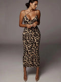 Women's All Over Leopard Print Asymmetrical Cami Dress, Elegant Sleeveless Spaghetti Strap Bodycon Dress for Party Club Night Out, Fashion Sundress, Ladies Summer Clothes, Midi Dress