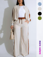 Two-piece Set Women's Patchwork  Top & Wide Leg Pants Set, Casual Long Sleeve  Outerwear & Pants for Daily Wear, Ladies Summer Clothes