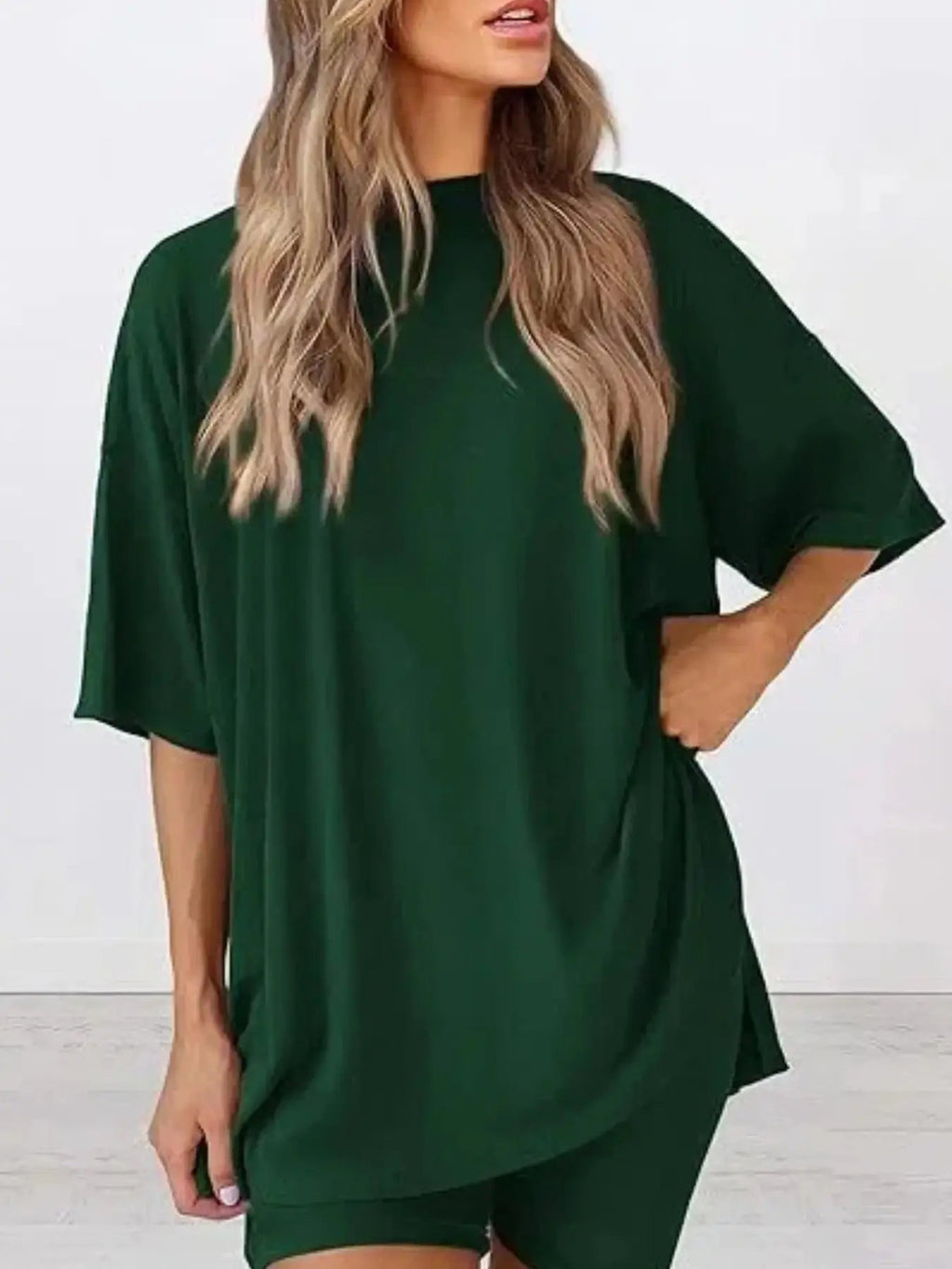 Women's Solid Color T-Shirt and Tight Shorts Set, Casual Summer Comfort Round Neck Sleepwear, Pocket Design, Outdoor Wear