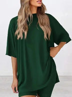 Women's Solid Color T-Shirt and Tight Shorts Set, Casual Summer Comfort Round Neck Sleepwear, Pocket Design, Outdoor Wear