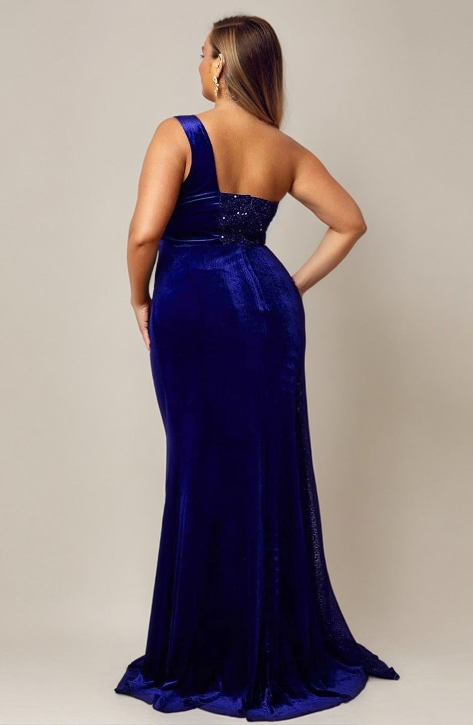 Curveins Plus Size One Shoulder Sequin Velvet Patchwork High Slit Maxi Dress