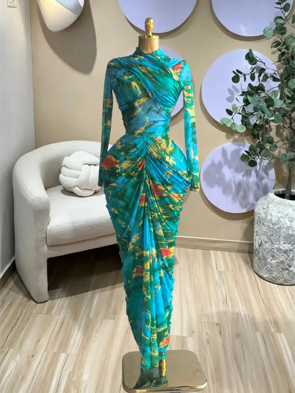 Women's Tie Dye Printed Two Piece Set Outfits, Wrap Long Sleeve Crop Top + Ruched Maxi Skirt