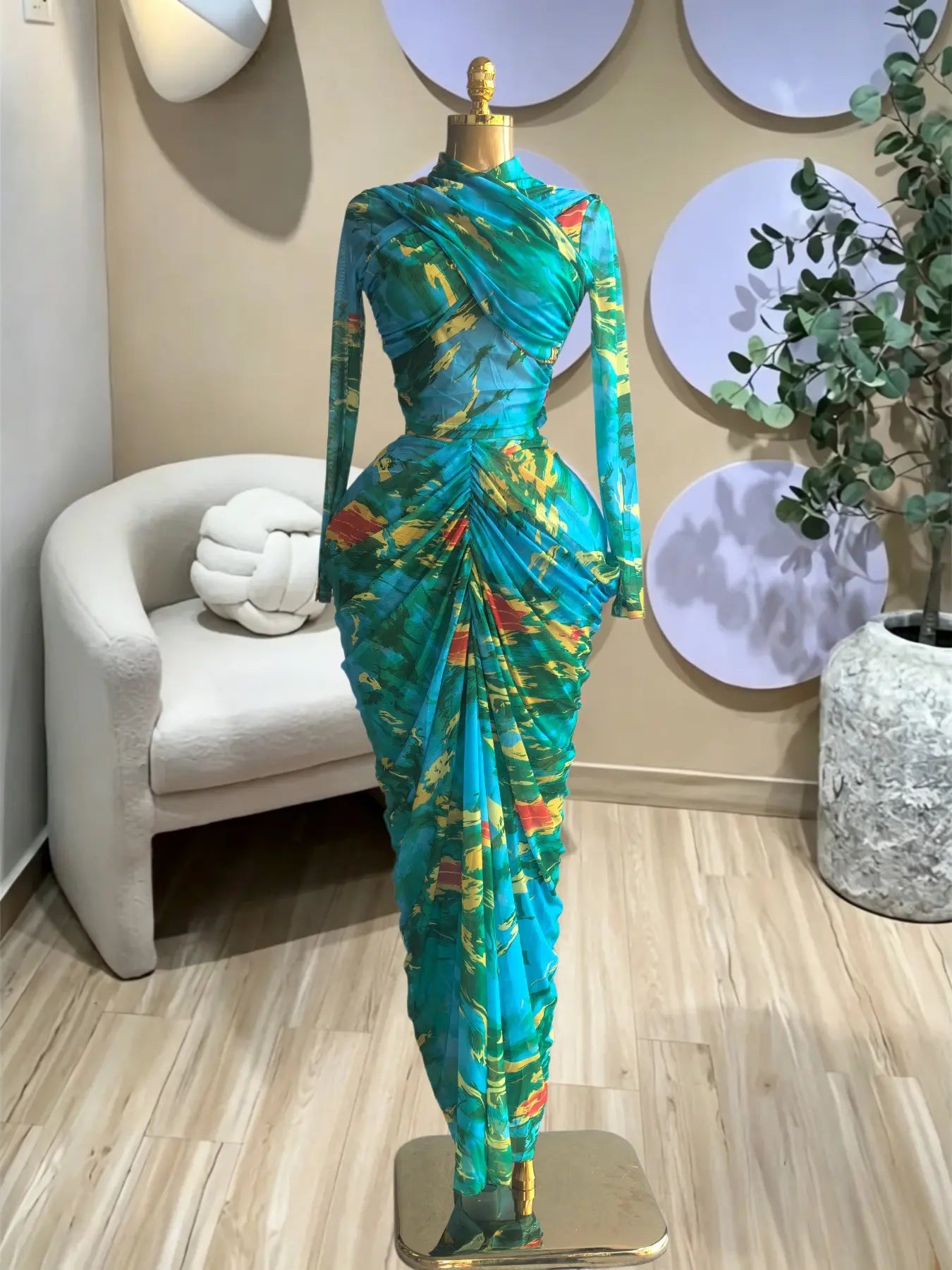 Women's Tie Dye Printed Two Piece Set Outfits, Wrap Long Sleeve Crop Top + Ruched Maxi Skirt