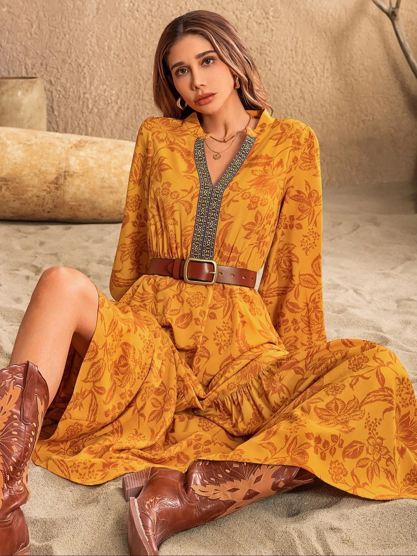 Women's Western Style Floral Print Embroidered Trim Bishop Long Sleeve Notched Neck A-line Long Vintage Dress, Dresses for Women