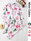 Two-piece Set Women's Christmas Print Button Front Pocket Shirt & Elastic Waist Pants Pyjama, Casual Comfy Long Sleeve Collared Top & Trousers Pyjama Set, Women's Sleepwear for Spring & Fall