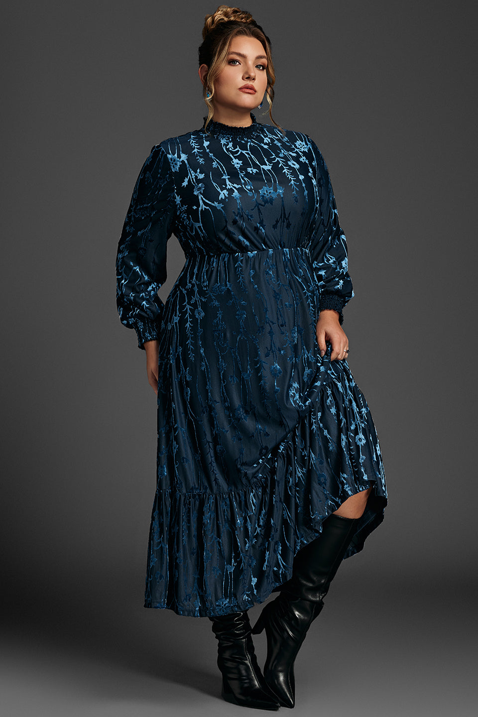 Curveins Plus Size Vintage Floral Velvet Maxi Dress