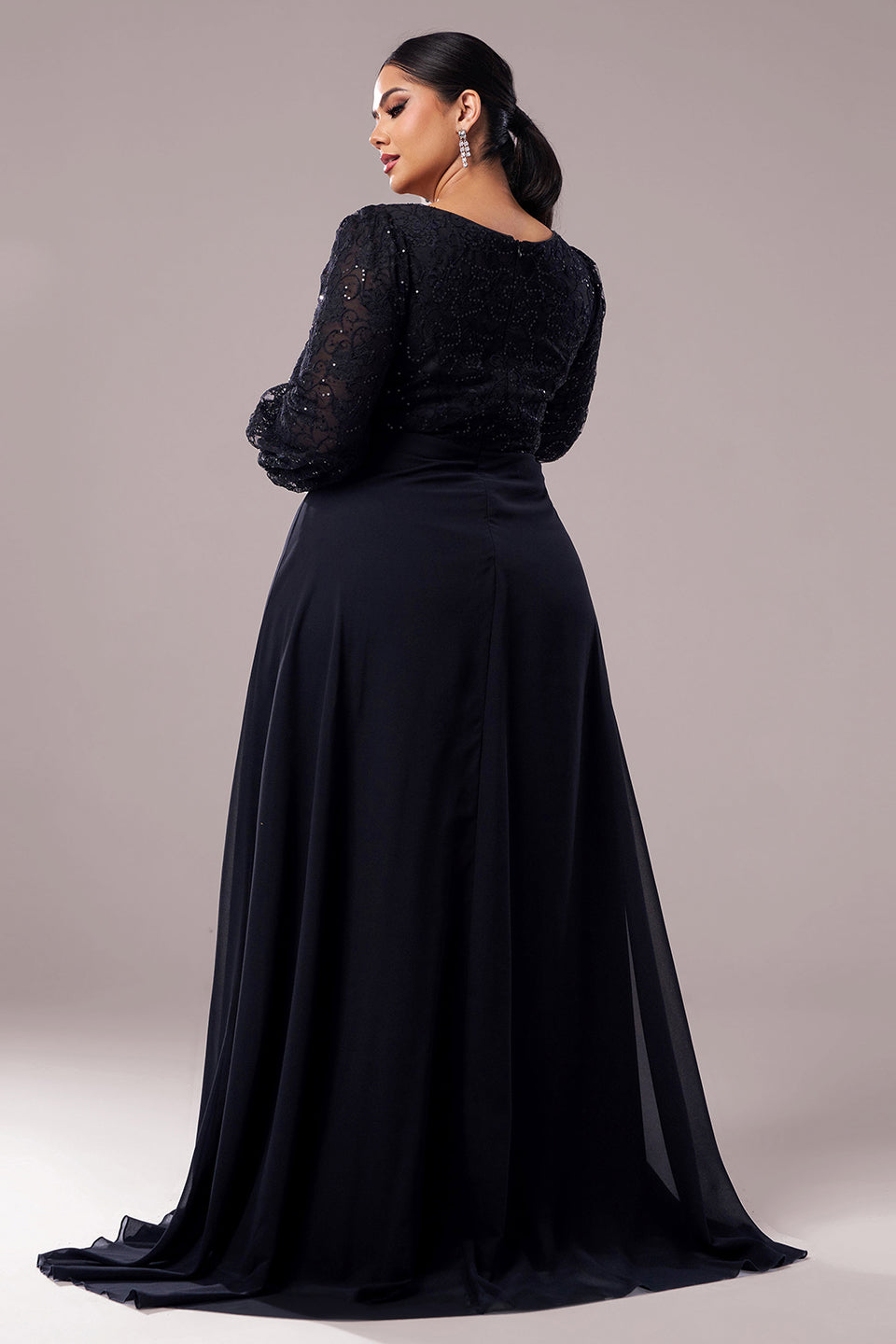 Curveins Plus Size V-Neck Long Sleeve Elegant Panel Maxi Dress