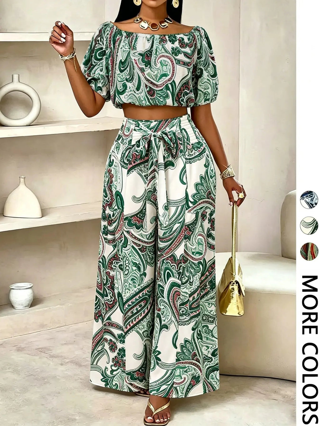 Women's solid-color wide-leg pant set, casual off-shoulder top and palazzo pants for summer, beach vacation wear for women.