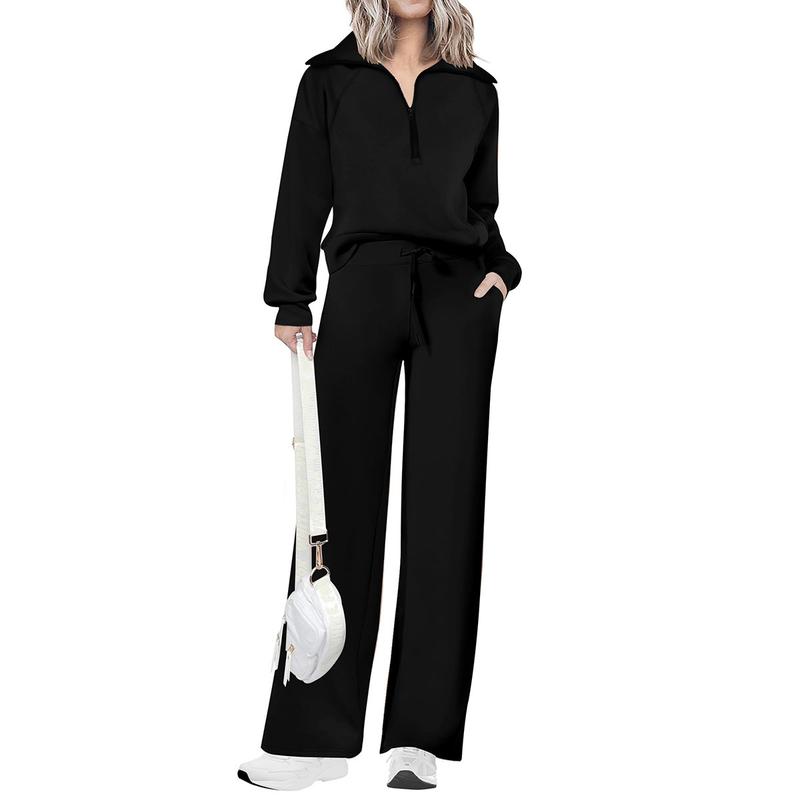 Women's Casual 2-Piece Sweatsuit Set - Half Zip Pullover Sweatshirt & Wide Leg Pants with Drawstring - Matching Tops & Sweatpants for Comfort