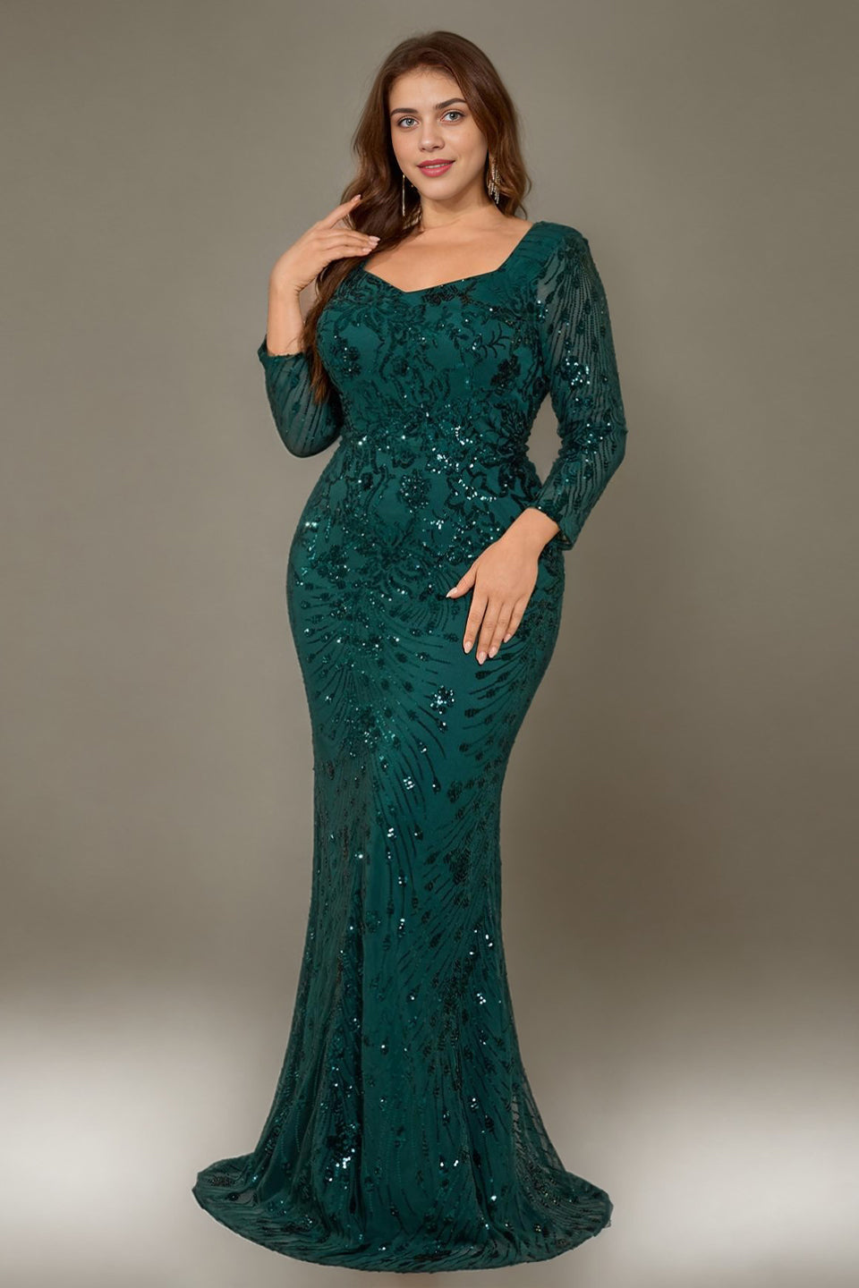 Curveins Plus Size V Neck Long Sleeve Sequin Floral Pattern Elegant Maxi Dress