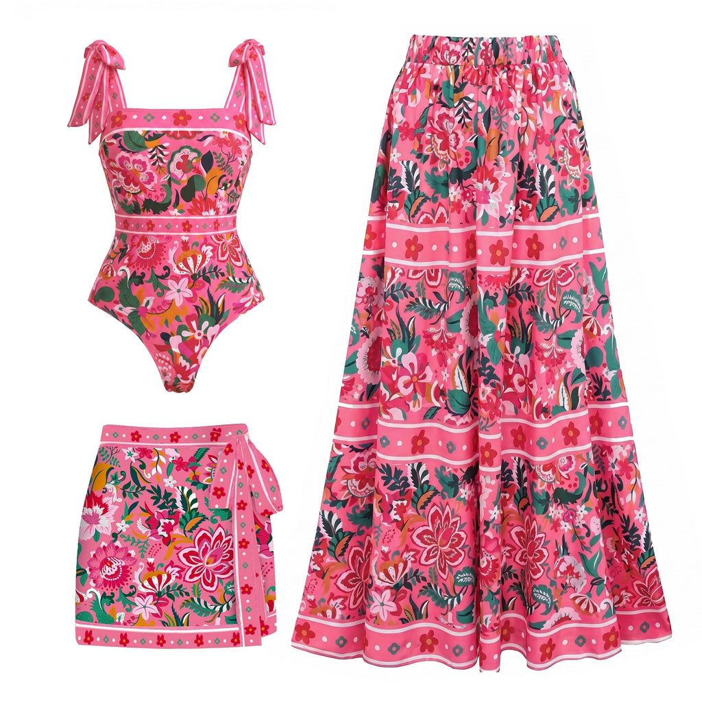 Pink Floral Paradise Print One Piece Swimsuit and Skirt