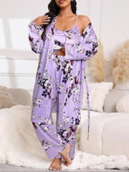 [Plus Size] Three-Piece Set Floral Print Belted Lounge Robe & Cami Top & Elastic Waist Pants Pyjama Set