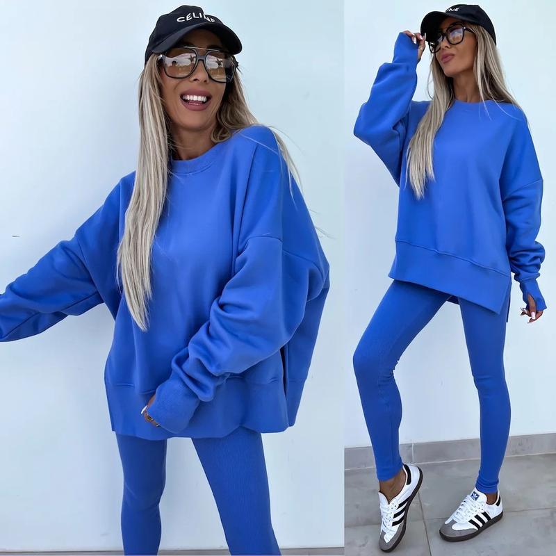 Oversize Two-Piece Set Women's  Split Hem Sweatshirt & Skinny Pants, Casual Fashion Cozy Round Neck Long Sleeve Pullover Women's Clothing for Fall & Basic Winter  Suits Womenswear Gamis