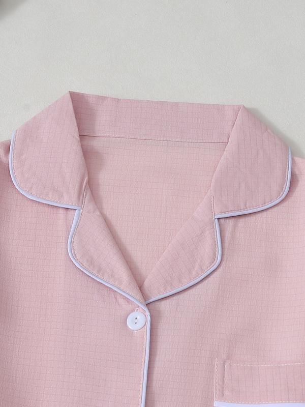 New Solid Color Lapel Long Sleeve Heart Embroidery Pj Sets for Women, Casual Style Sleepwear for Ladies, Comfortable Nightwear, Loungewear