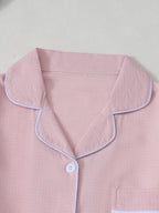 New Solid Color Lapel Long Sleeve Heart Embroidery Pj Sets for Women, Casual Style Sleepwear for Ladies, Comfortable Nightwear, Loungewear