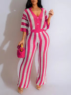 Women's Color-Block Striped Cutout Button-Front Top & Wide-Leg Pants Two-Piece Set