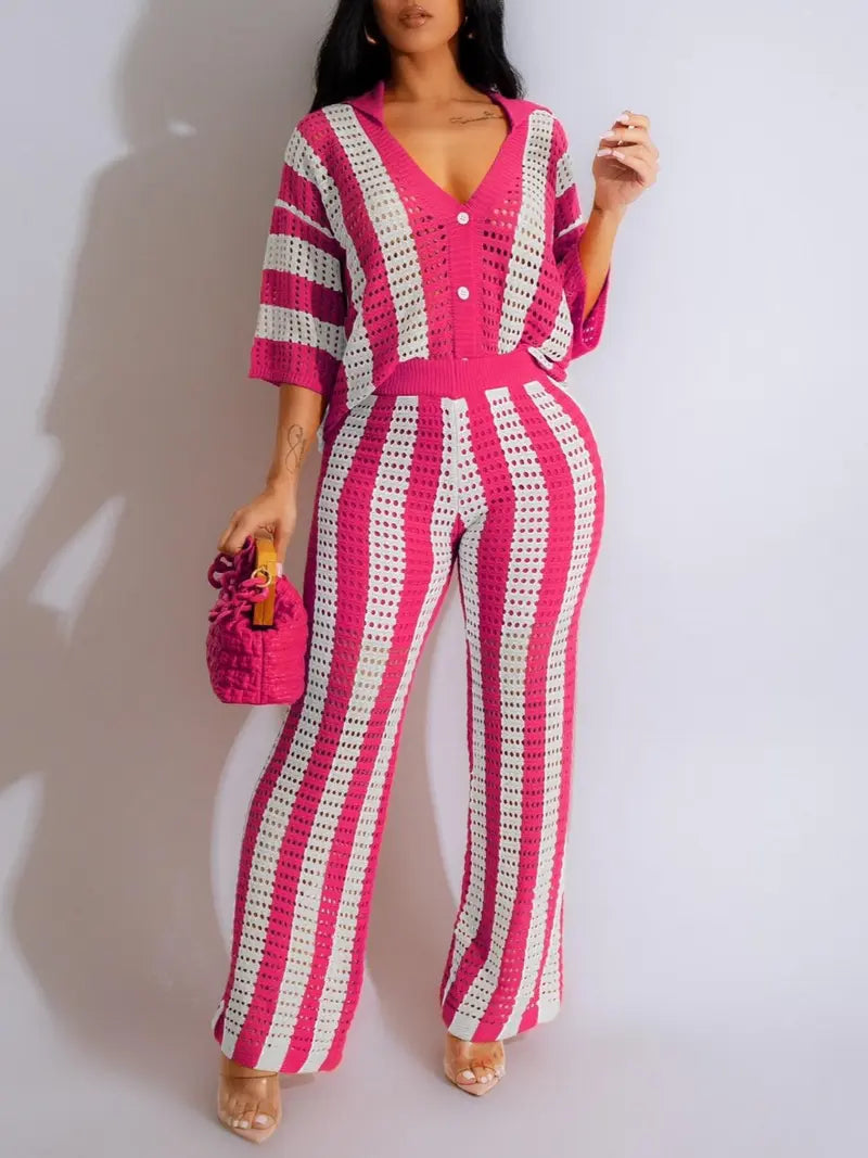 Women's Color-Block Striped Cutout Button-Front Top & Wide-Leg Pants Two-Piece Set