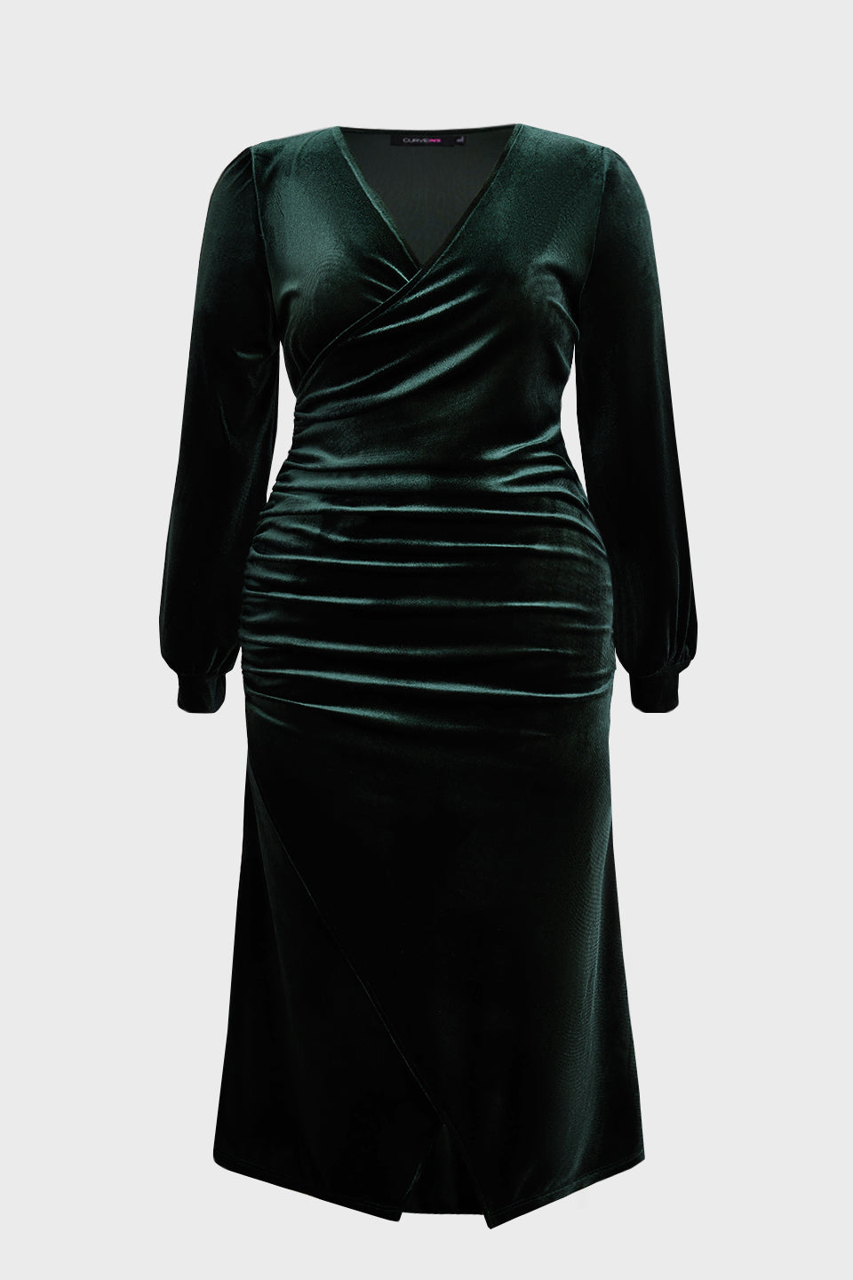 Curveins Plus Size V-Neck Long Sleeves Side Slit Bodycon Midi Dress