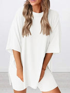 Women's Solid Color T-Shirt and Tight Shorts Set, Casual Summer Comfort Round Neck Sleepwear, Pocket Design, Outdoor Wear