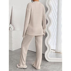 Women's Solid Drop Shoulder Pocket Lounge Set, Casual Long Sleeve V Neck Top & Straight Leg Pants Two-piece Set, Women's Sleepwear