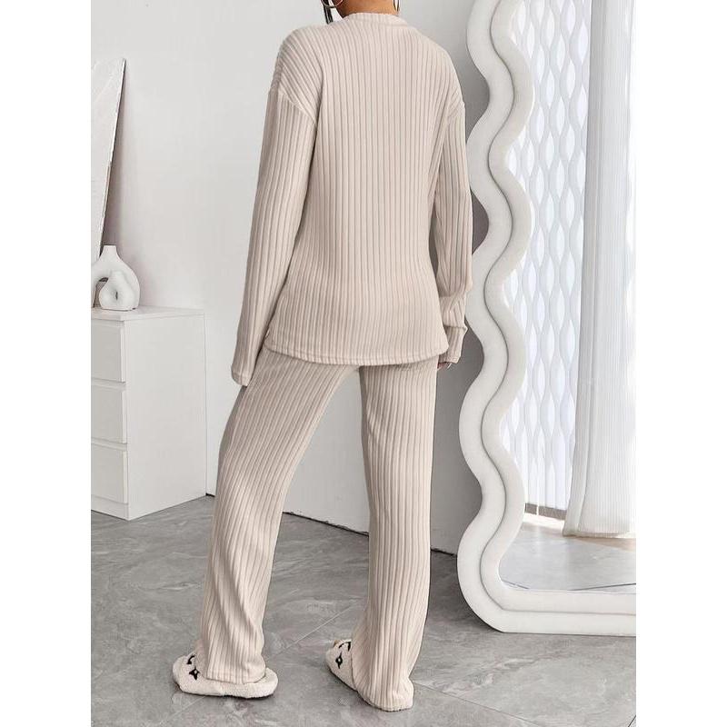 Women's Solid Drop Shoulder Pocket Lounge Set, Casual Long Sleeve V Neck Top & Straight Leg Pants Two-piece Set, Women's Sleepwear