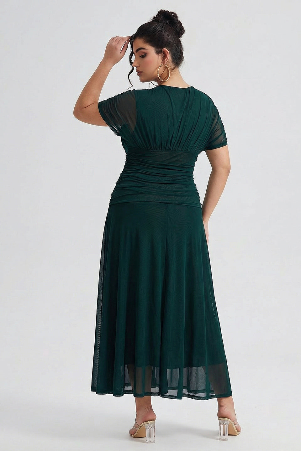 Curveins Plus Size V Neck Batwing Sleeve Cinched Waist Maxi Dress