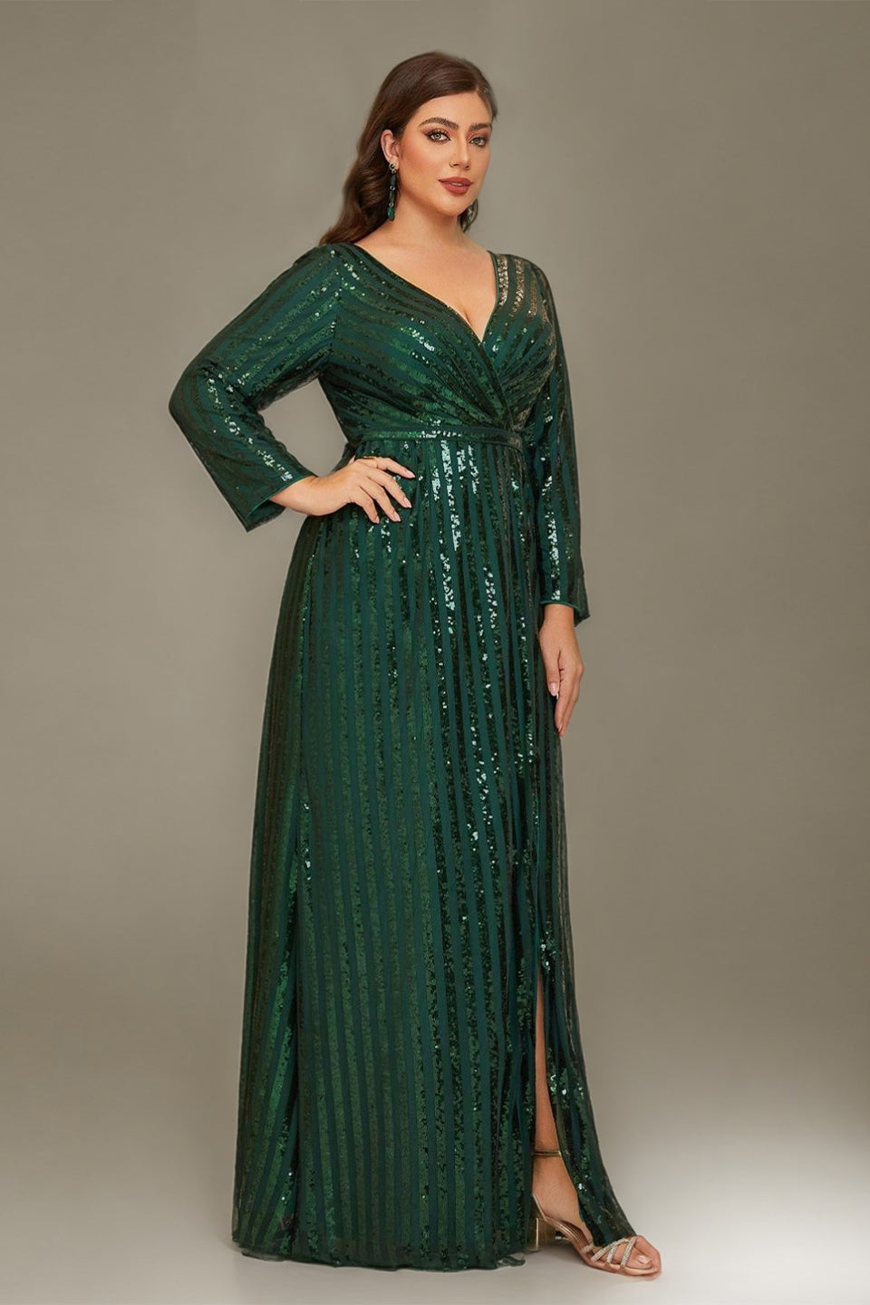 Curveins Plus Size V-Neck Sparkling Striped Sequin Evening Maxi Dress