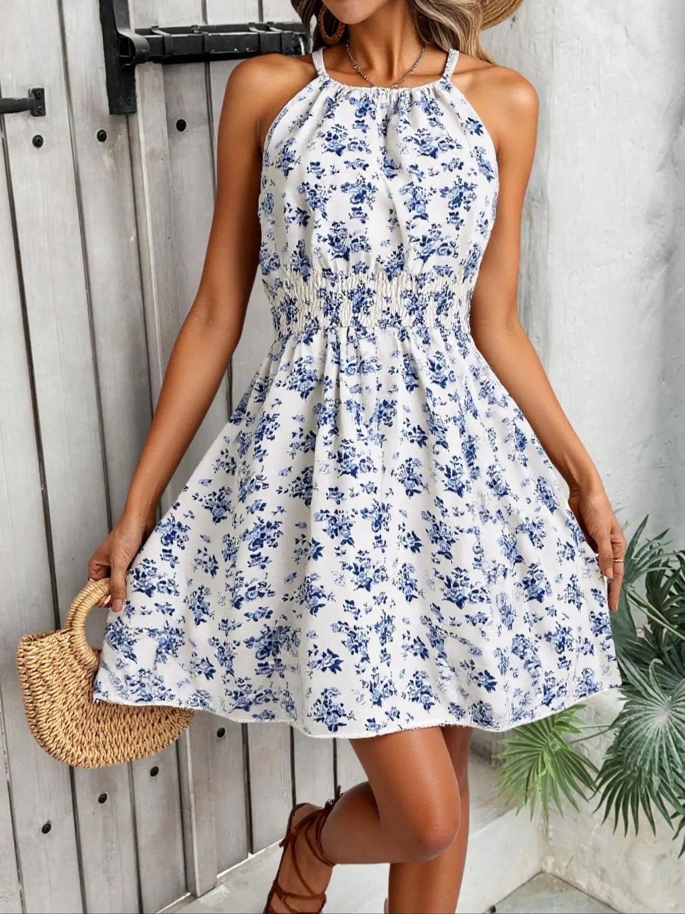 Women's All Over Print Halter Neck Dress, Boho Fashion Casual Sleeveless Short Dress for Beach Holiday Vacation, Ladies Summer Clothes