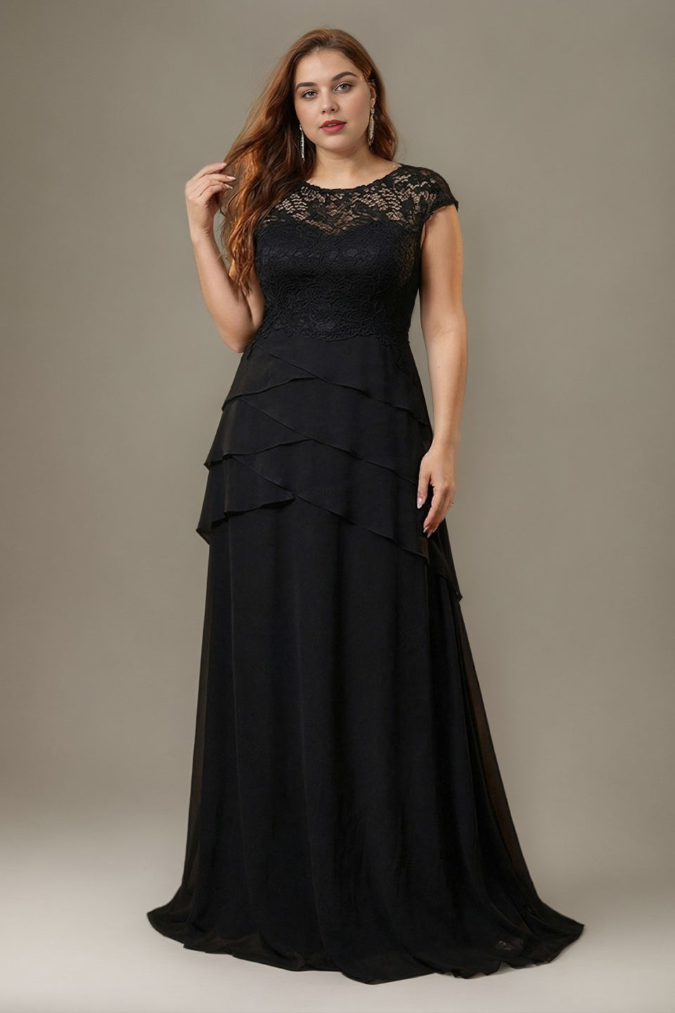 Curveins Plus Size Round Neck Chiffon Cross Ruffle A-Line Sheer Elegant Maxi Dress