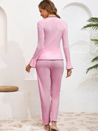 Women's Solid Lettuce Trim Top & Pants Loungewear Two-Piece Set, Casual Comfy Long Sleeve V Neck Top & Trousers PJ Set, Ladies Sleepwear for All Seasons