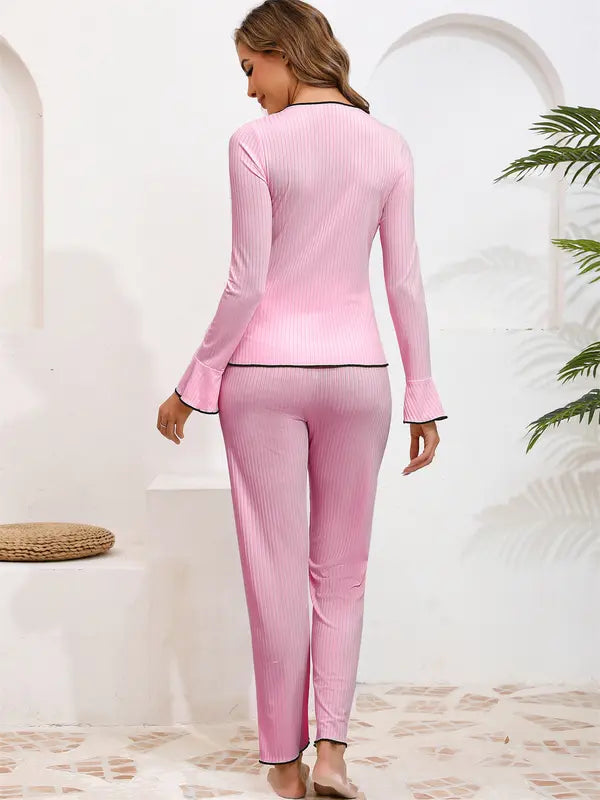 Women's Solid Lettuce Trim Top & Pants Loungewear Two-Piece Set, Casual Comfy Long Sleeve V Neck Top & Trousers PJ Set, Ladies Sleepwear for All Seasons