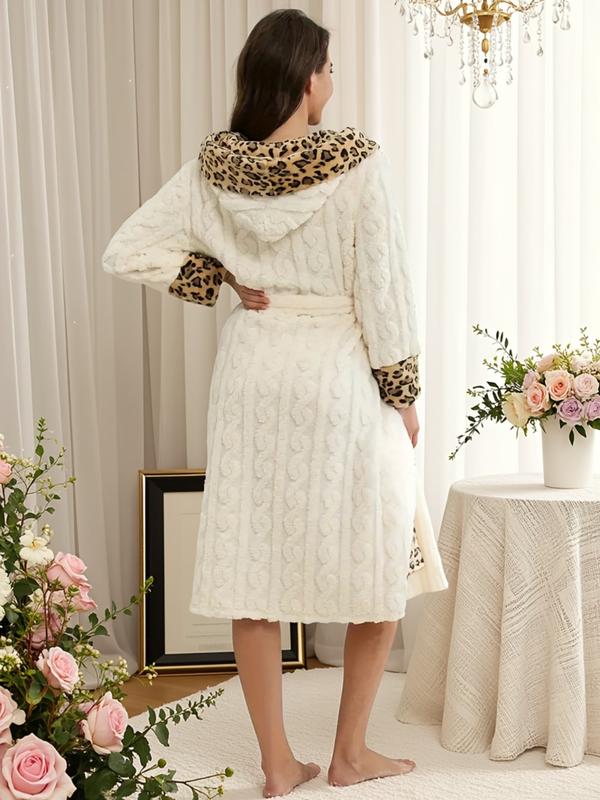 Women's Leopard Print Thermal Lined Bathrobe, Casual Soft Comfortable Long Sleeve Belted Robe, Women's Sleepwear for Fall & Winter