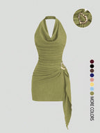 Women's Fashion Solid Color Ruched Halter Dress