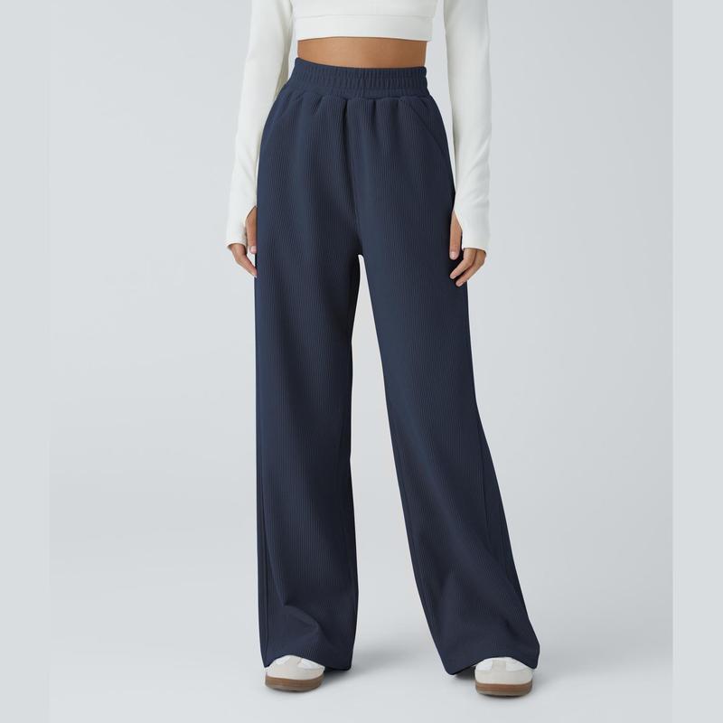 High Waisted Side Pocket Straight Leg Mop Corduroy Casual Pants