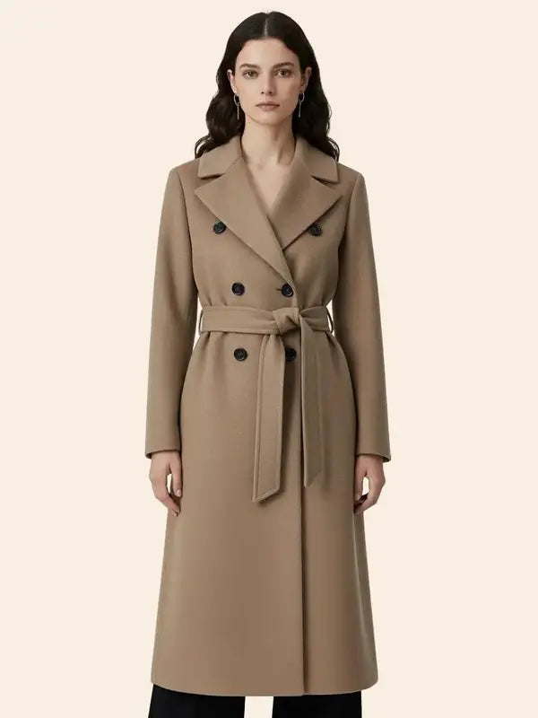 Long double-breasted coat with a belt and lapel, suitable for everyday wear and versatile