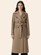 Long double-breasted coat with a belt and lapel, suitable for everyday wear and versatile