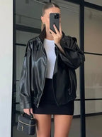 Black Faux Leather Jacket Stand Collar Oversized Moto Biker Jacket Elastic Hem Streetwear Casual Long Sleeve Waterproof Windproof Outerwear for Spring & Fall, Ladies Clothes for Daily Wear